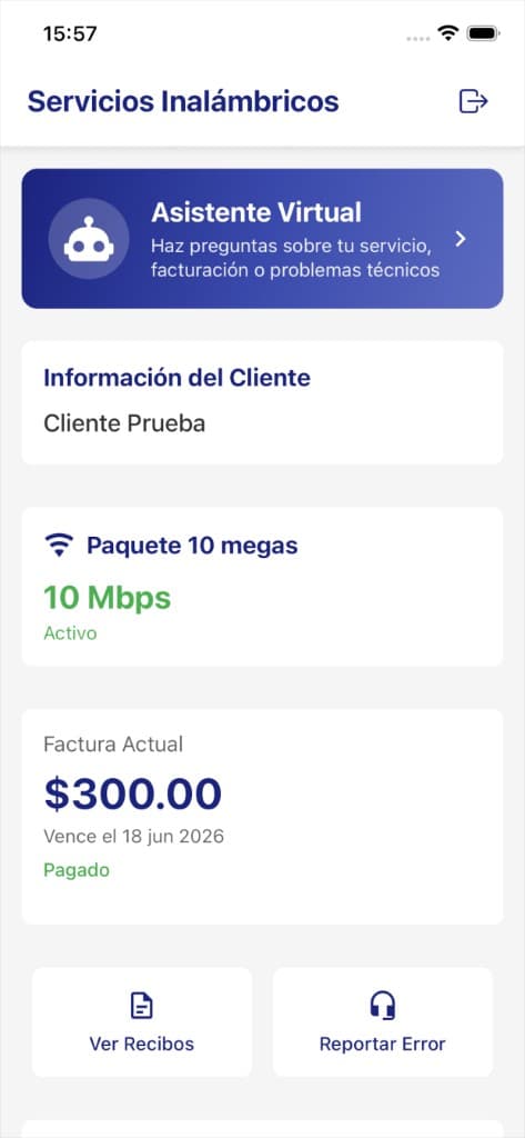 Pantalla de inicio de la app Servicios Inalámbricos