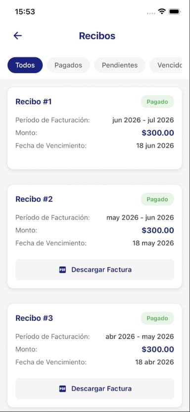 Pantalla de recibos de la app